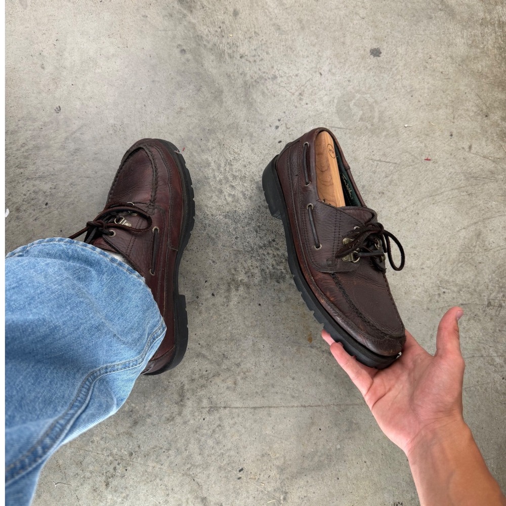 Vintage Thom McAn Mens Brown Leather Boat Shoes Chunky Lug Sole Oxfords 10.5